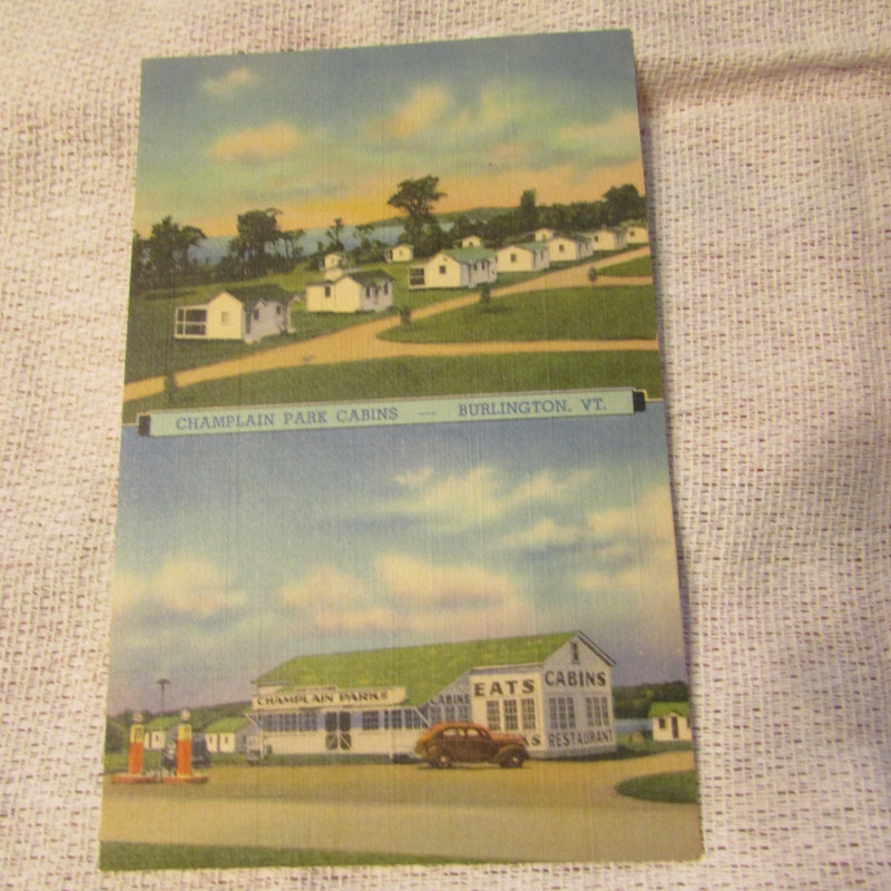 Vintage Postcard Champlain Park Burlington VT. Cabins Eats & Gas