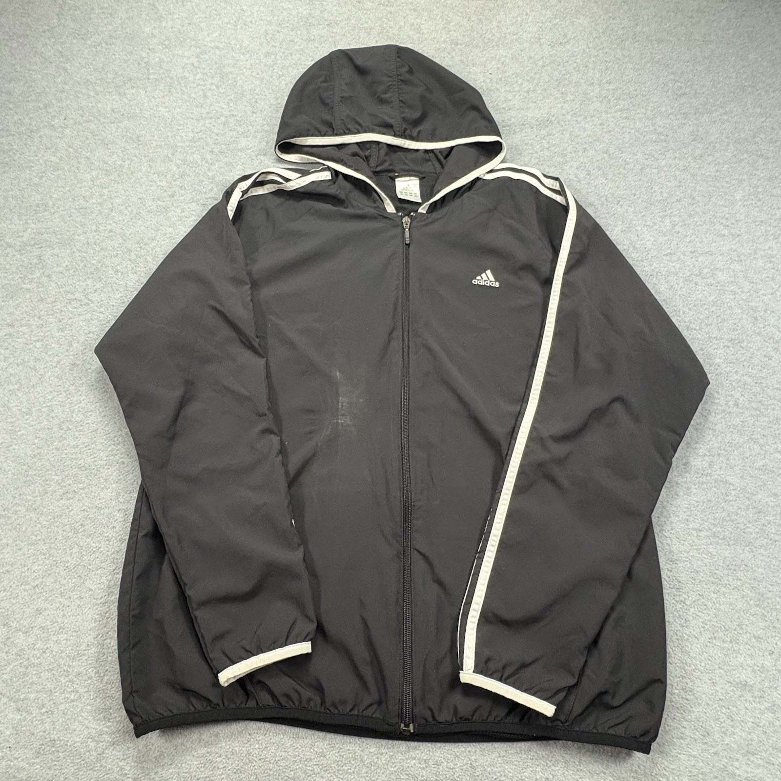 Adidas Windbreaker Jacket Mens XL Black Hooded Lightweight Athletic Full Zip