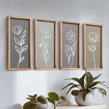 3D Wooden Floral Bathroom Wall Decor Set of 4 Lightweight Ready-to-Hang Framed