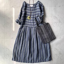 ICHI Antiquites Linen Dress Stripe 49cm 19.3in Width 112cm Length Japan
