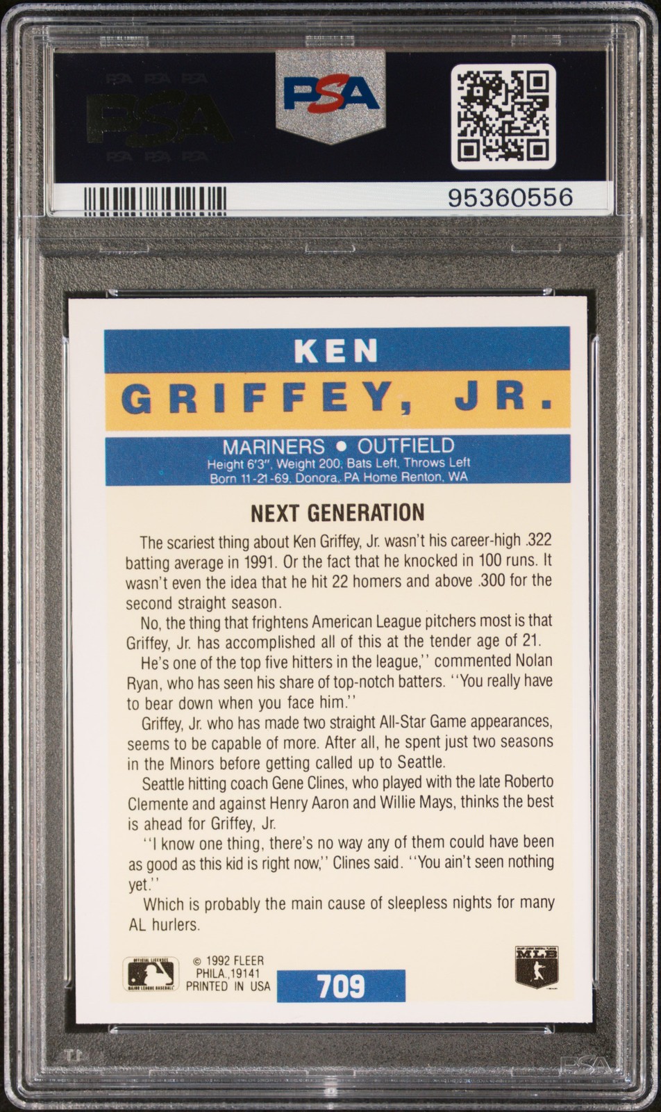 1992 FLEER #709 KEN GRIFFEY JR. PSA 9 view 2