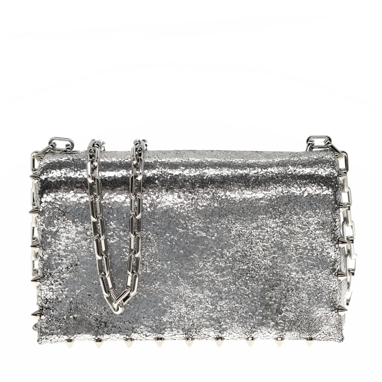 Christian Louboutin — Christian Louboutin Spiky Chain Crossbody Bag Silver Crinkled Leather New