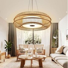 Natural Bamboo LED Pendant Light – Drum-Shaped Hanging Ceiling Lamp, 45cm Dia