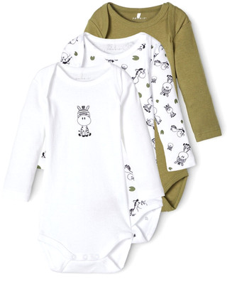 NAME IT '' Baby Body 3 teilig in weiß und khaki Gr. 50 bis Gr. 92