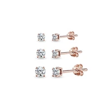 5 Pair Set Rose Gold Flashed Sterling Silver Cubic Zirconia Round Stud Earrin...