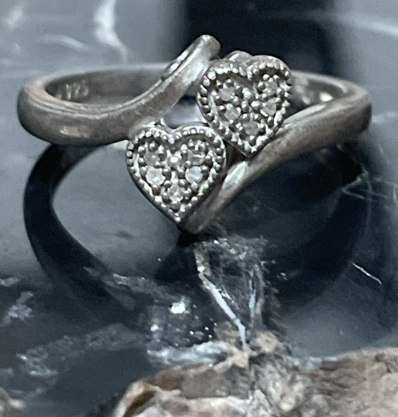 Solid Sterling Silver Diamond Double Hearts Ring … - image 1