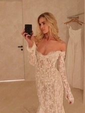 Mermaid Wedding Dress Off Shoulder Full Lace Bridal Gown Full Sleeve Court Train