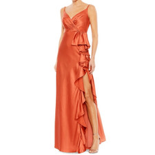 NWT Mac Duggal V-neck Spaghetti Strap Satin Gown. Orange spice, Size 4 #68551