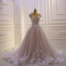 Lace Tulle Appliques Wedding Dresses Scoop Neck Backless Wedding Gowns Pink