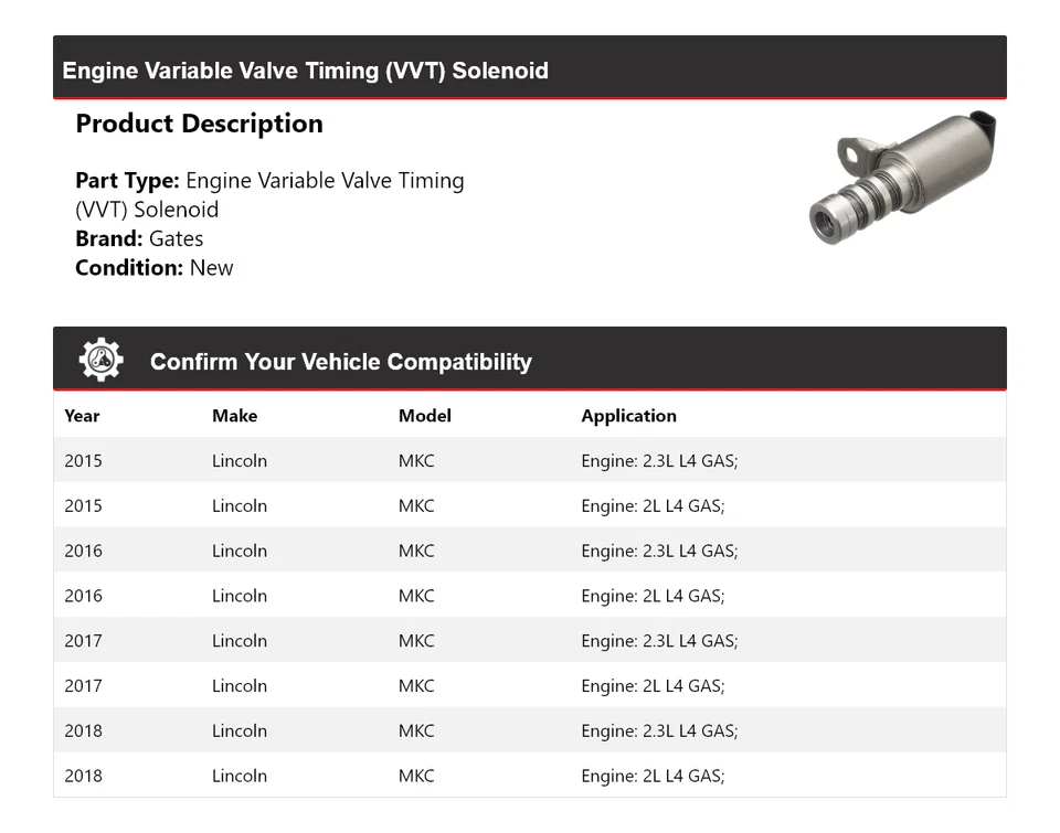 Puertas solenoide de distribución de válvula variable (VVT) para motor Lincoln MKC 2015-2018 2016 Foto 2 de 4