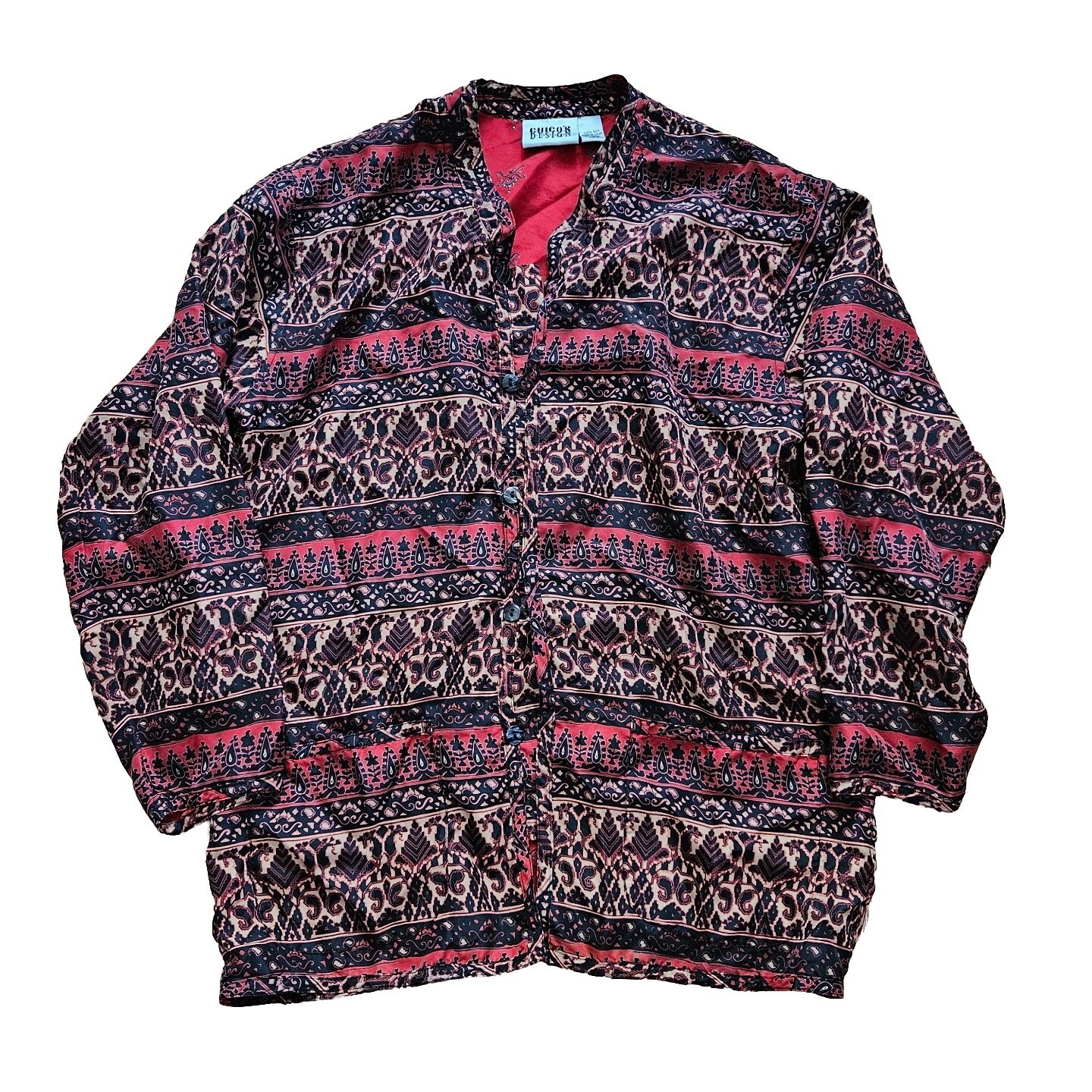 Chico's Design Womens Silk Jacket Top Art 0 S 4-6 Button Front Paisley Red Brown