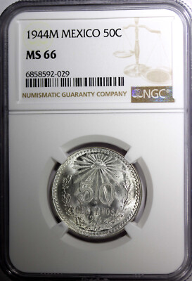 Mexico ESTADOS UNIDOS Silver 1944 M 50 Centavos NGC MS66 GEM BU KM