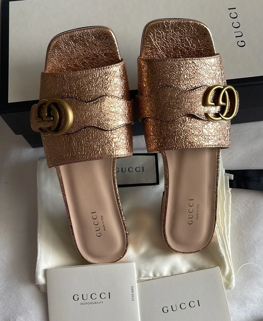 Gucci Marmont Galassia Salmone Leather Slides Sandals 37.5 BNIB