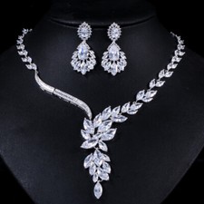 Silver Plated Zircon Long Leaf Cluster Drop Necklace Earrings Bridal Jewelry Set
