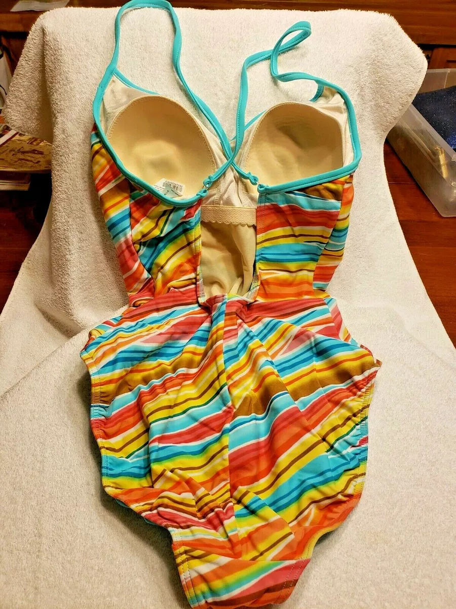 Womens Be Creative One Piece Blue Yellow Pink Coral Striped Bathing Suit  Size L