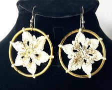 Crochet White Snowflake Gold Hoop Glitter Hook Earrings 1.75  Dia