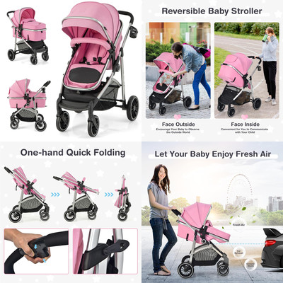 Convertible Baby Stroller Canopy Toddler Infant Pram Foldable Travel System Pink