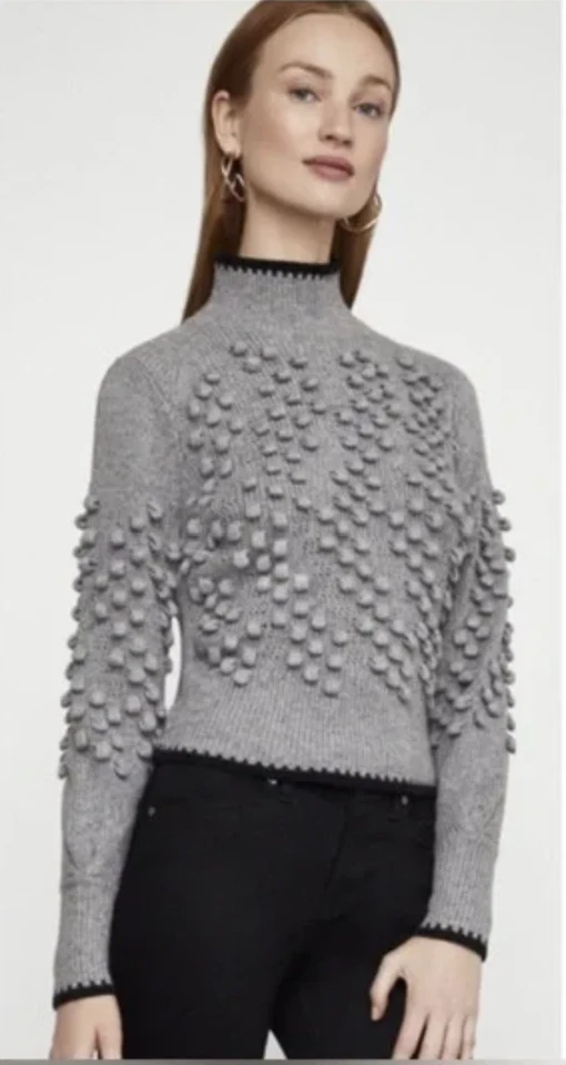 Suéter BCBG Maxazria Gris Palomitas de Maíz Manga Larga Tejido Cuello Alto Mezcla de Lana Talla S Foto 2 de 4