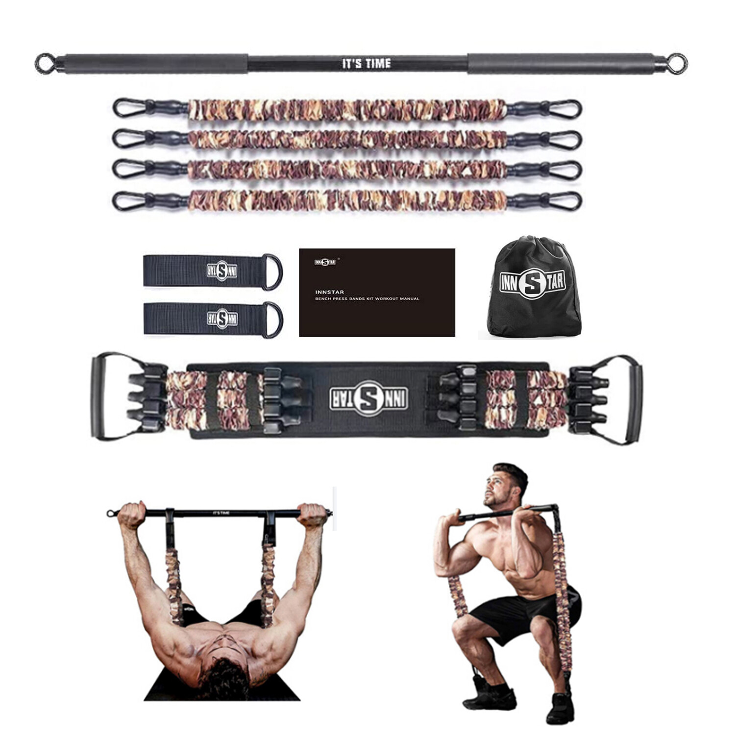 Innstar Resistance Bands Bar Set Bench up to 200LB Home Yoga Pilates