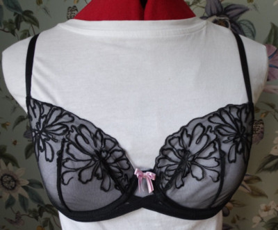 Pretty Polly Wired Peony Embroidery Non Padded Balconette Bra in Black  36DD