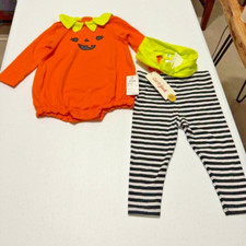 Cat Jack 3Pc Baby Girls Halloween PUMPKIN Bodysuit Leggings Headband 6/9 Mos NEW