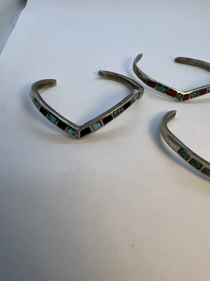 Vintage Crushed Turquoise  Inlay Silver Bracelets Coral, Onyx 34.79 Grams Silver - Image 4 of 4