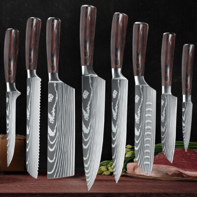 8PCS Stainless Steel Kitchen Knife Set Japanese Damascus Chef Knives Cleaver NEW