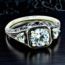 VINTAGE STYLE 3 STONE 1.85 Ct. CZ 925 STERLING SILVER FILIGREE RING 1168