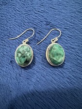 Vintage Sterling Silver Oval Natural Green Emerald Dangle Drop Earrings, 1.25