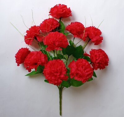 Red Carnation Bush 12-Bloom 17''H Silk Fake Flower Holiday In/Outdoor Decor USA