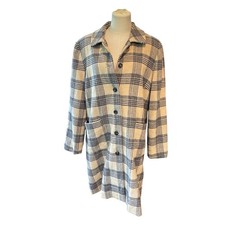 J. McLaughlin Womens 14 Wool Plaid Coat Cream Blue Button Front Made in USA