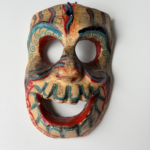 Vintage Hand Painted Wooden Skull Mask Folk Art Decor Tribal