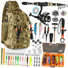  Fishing Backpack with Fishing Rod and Reel Combos Tackle Boxes, Khaki Camo
