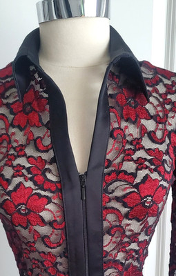 Vintage  90's Cache Red Sheer Lace Black Satin Long Sleeve Zippered Fitted Top S
