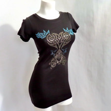 Vtg Silver Dagger Dress Women Medium Black Rhinestone Short Sleeve Retro Y2K