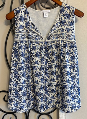 Tabitha Webb Sleeveless Top Womens Large Blue Floral Design Split V-Neck