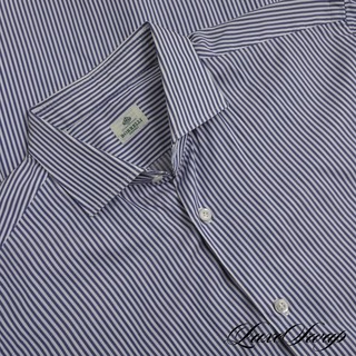 Borrelli Napoli Made in Italy White Navy Blue Bengal Stripe Spread Shirt 16.5 NR