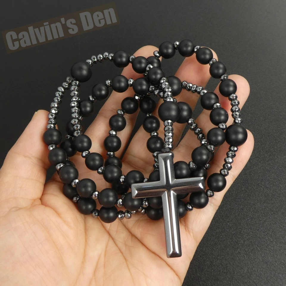Collar Rosario Colgante Cruz Hematita Cuentas Ónix Negro Mate Grande Regalo Hombre Foto 4 de 4