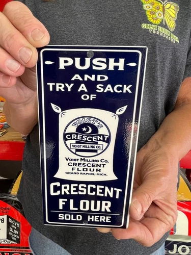 Vintage Old Style Sign Crescent Flour 7x3 Door Push NOT Porcelain Made USA