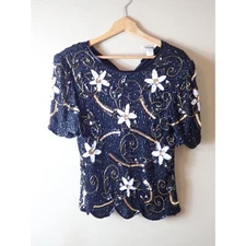 Mark & John by Gopal Pure Silk Vintage Beaded Blouse Black Sequin Beaded Medium