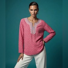Talbots Pink Embroidered Split Neck Tunic Lig...