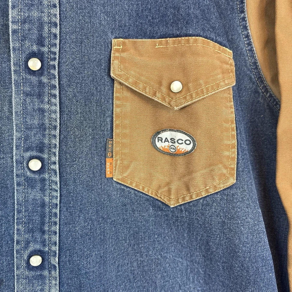 Rasco FR Pearl Snap Denim Canvas Shirt Mens 2XL Blue Flame Fire Resistant Yoke - Image 4 of 4
