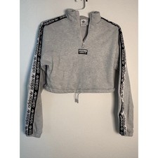 Adidas Originals Womens Gray Cropped Quarter Zip Pullover Sweatshirt Tape XS
