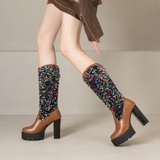 2024 Autumn Winter Women's Boots Large Size Sequined High Top Platform Boots