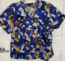 Disney Scrub Top Mickey Mouse Stars Rocket Space Fireworks Blue Womens XL