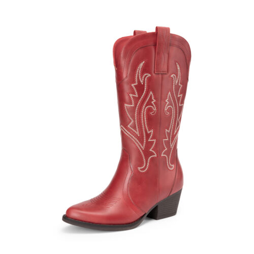 Women Western Mid Calf Boots Pointed Toe Low Heel Cowboy Cowgirls Boots - Picture 45 of 58