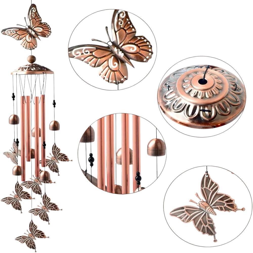 Beautiful Butterfly Wind Chimes 35.5" Indoor/Outdoor Metal 4-Tubes, 6-Bells Gift