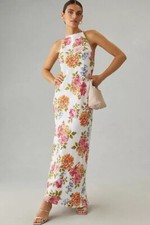 New Reformation Selia Linen Midi Dress Backless Anthropologie Floral Ties Size L