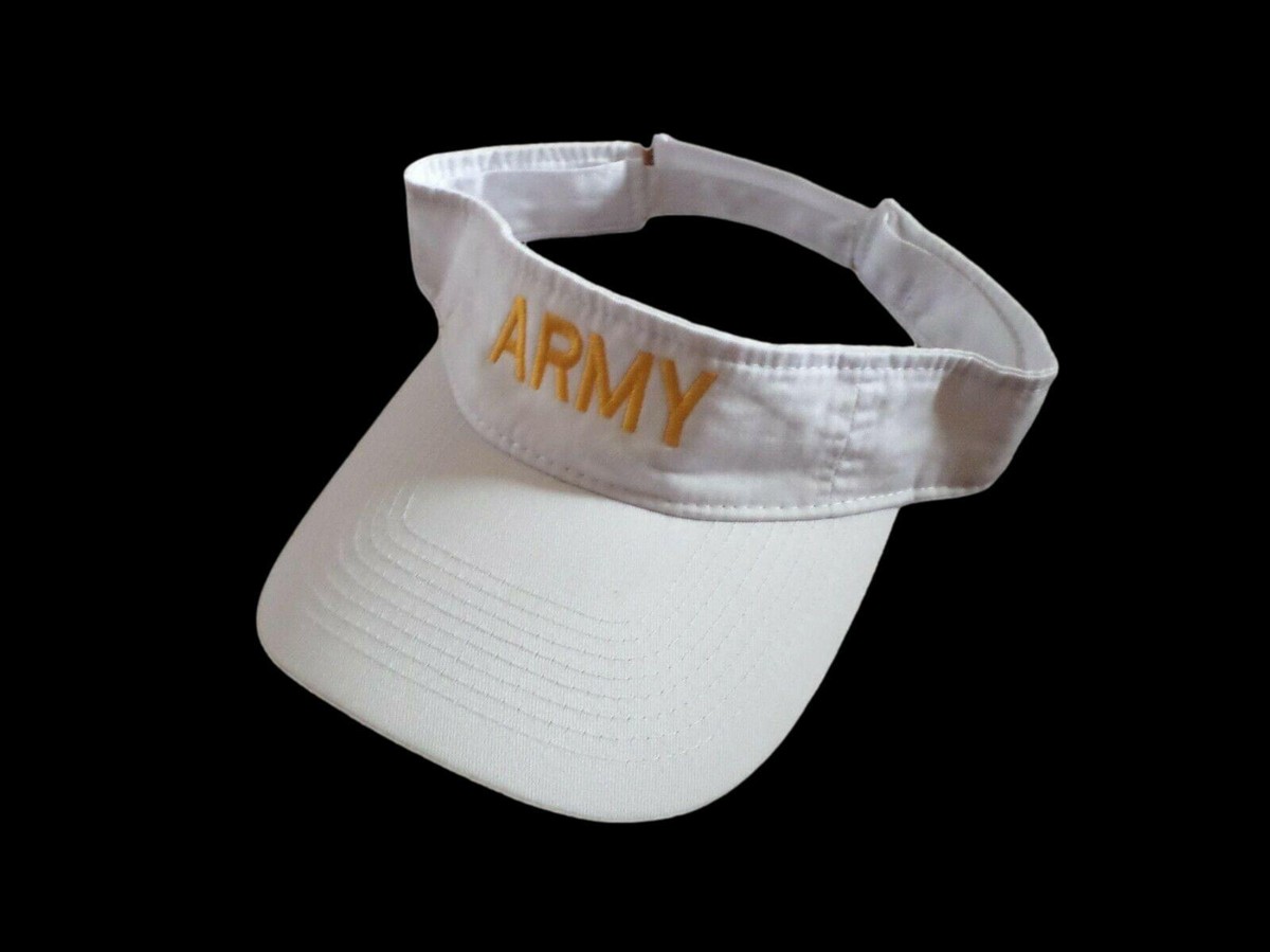 ARMY SUN VISOR CAP WHITE HAT WITH EMBROIDERED YELLOW ARMY