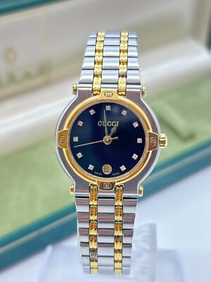 Exc+5 w/Box ] GUCCI 9000L Black Dial 11P Diamond Men's Watch Used